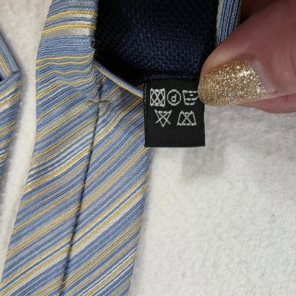 Thomas Pink Jermyn Street London Silk Tie Blue Gold Striped Made in Morocco
